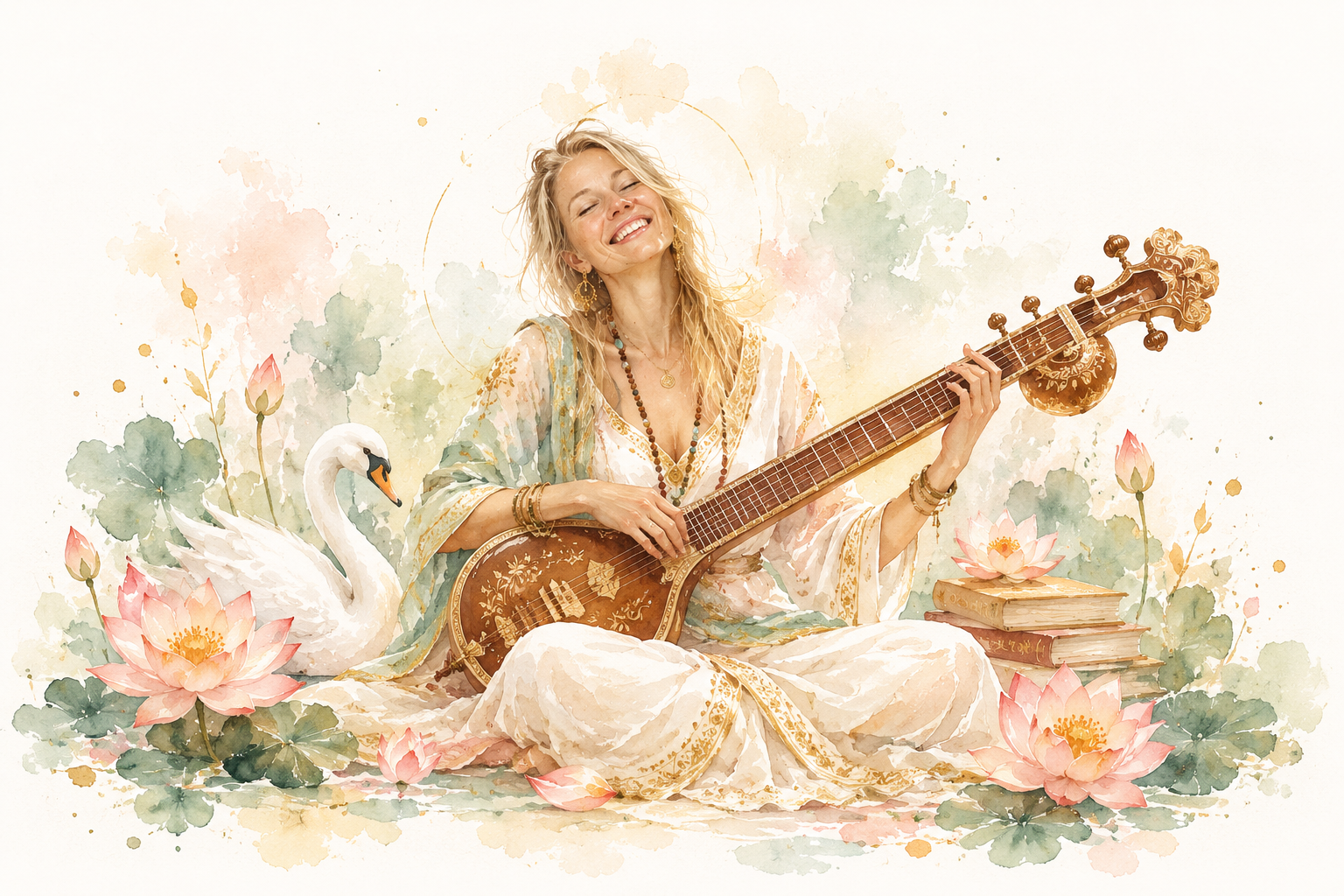 Akvarell inspirerad av Saraswati med veena, svan, lotusblommor och böcker